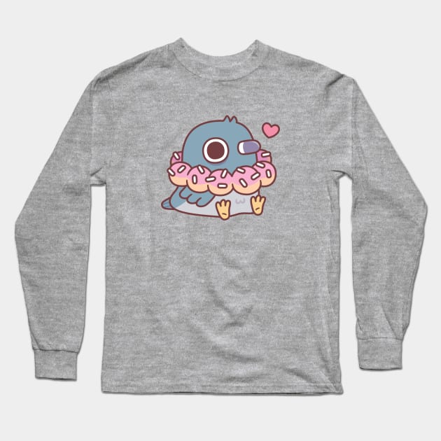 Cute Chubby Pigeon With Donut Necklace Funny Long Sleeve T-Shirt by rustydoodle